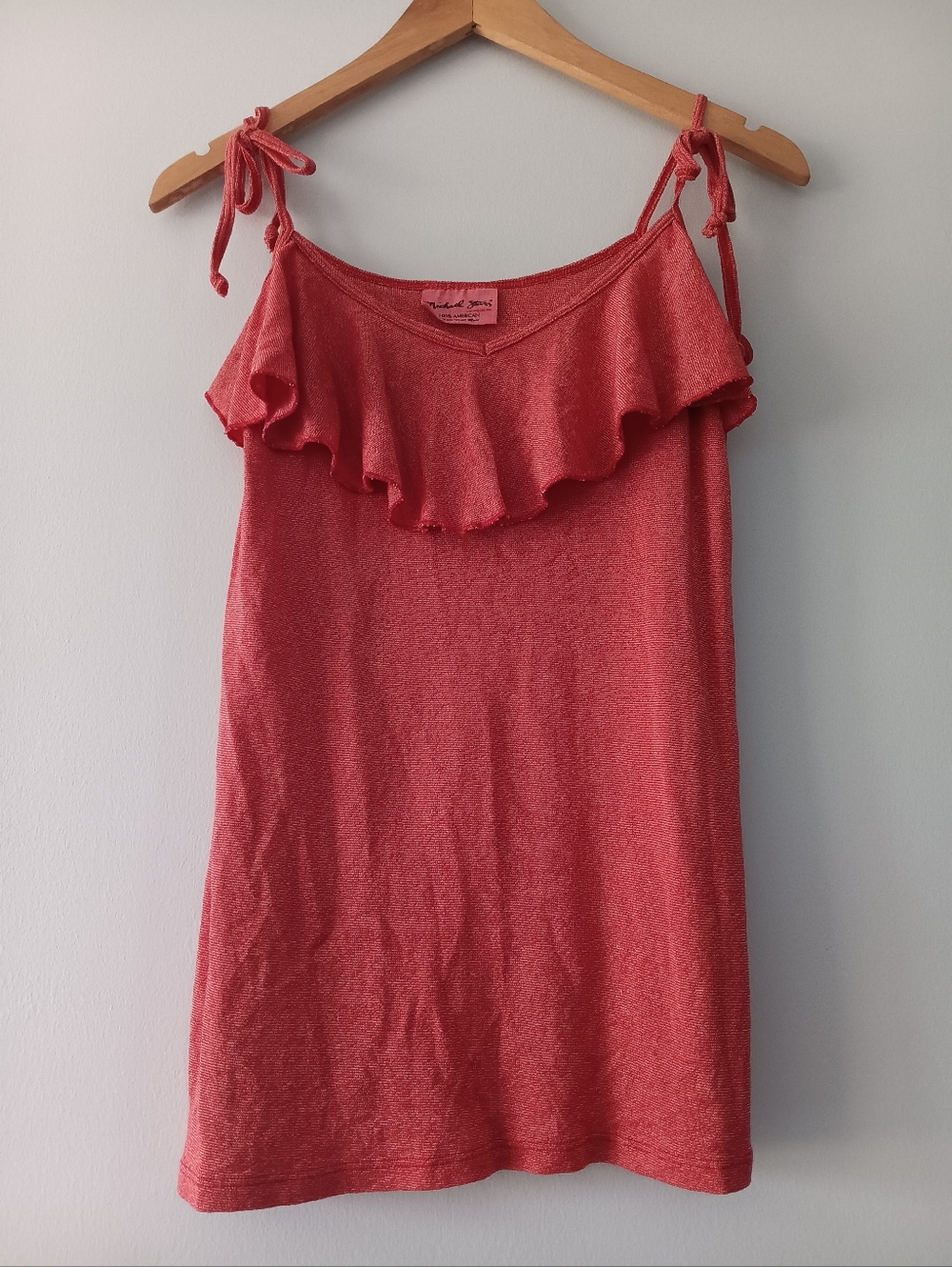 Michael Stars Red Metallic Shimmer Ruffle Tie Strap Tank One Size